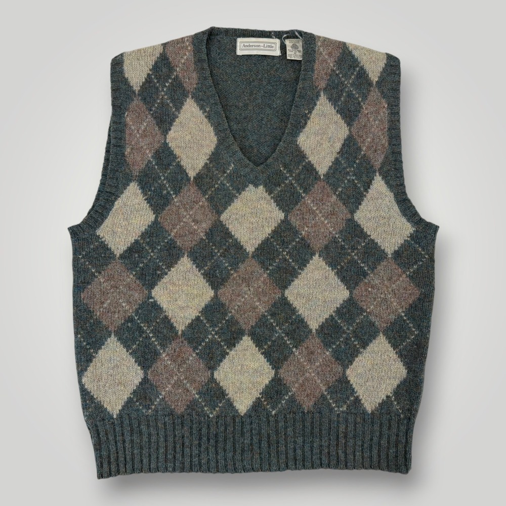 Vintage Anderson-Little Shetland Wool Argyle Sweater Vest Blue Tan Mens Medium